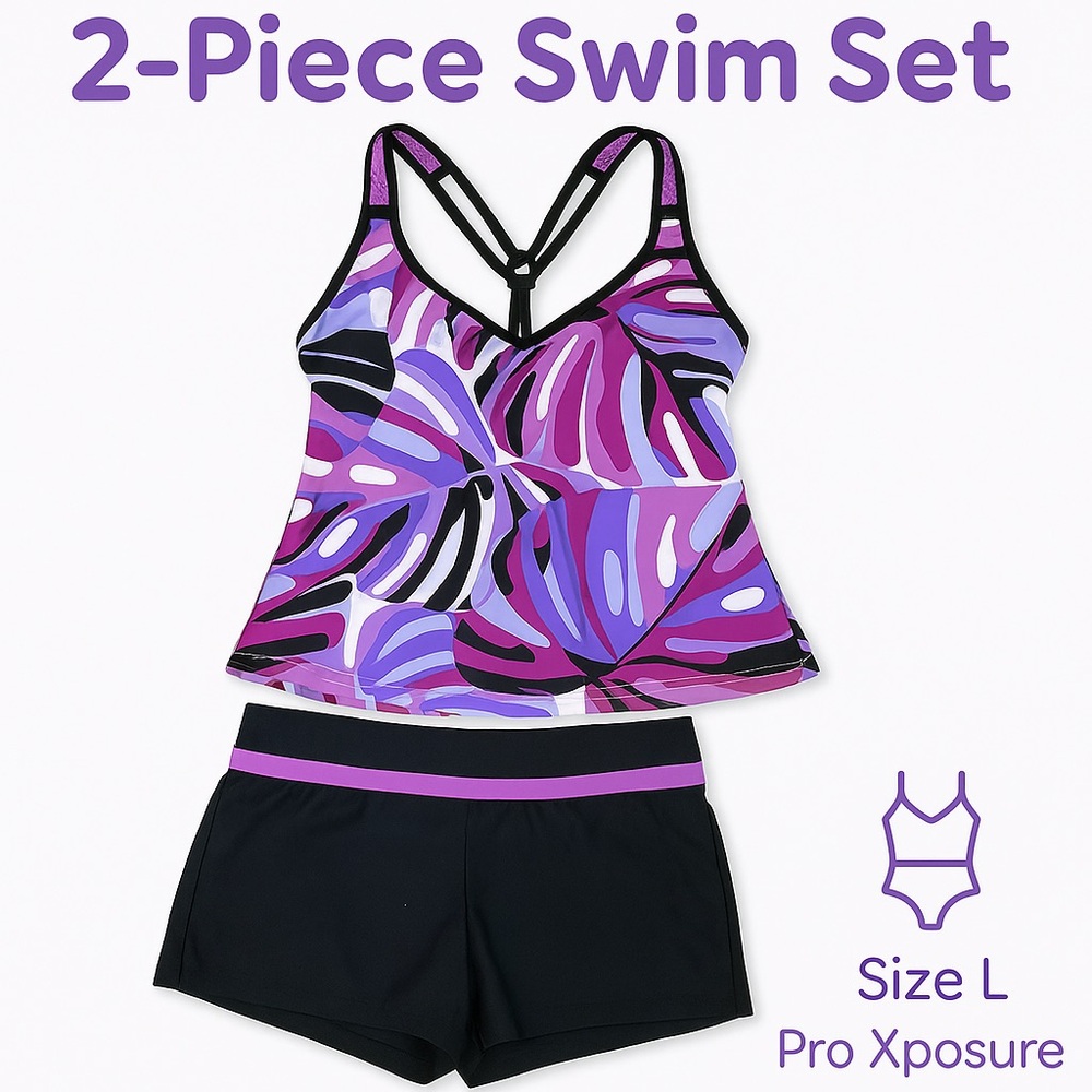 Women’s Swim Set – Black Board Shorts & Purple Tropical Tankini Top (Size L)